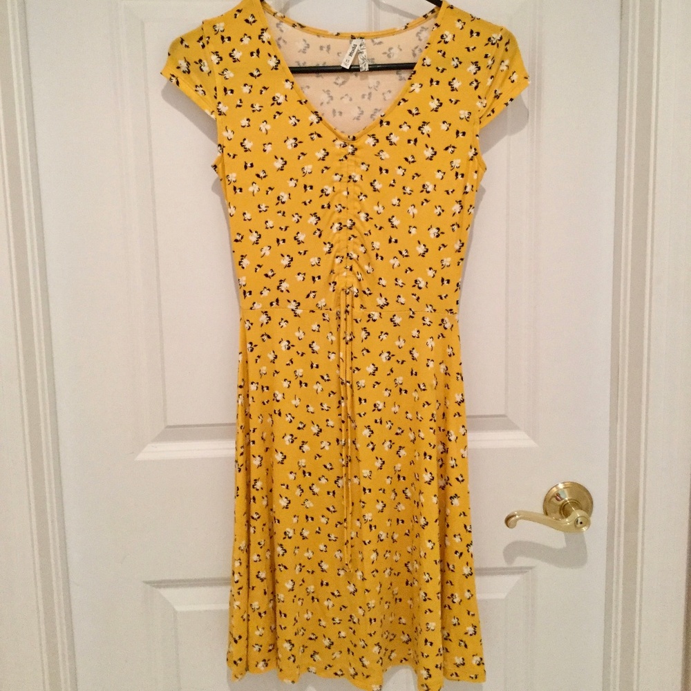 Mustard Floral Cinched Fit and Flare Dress